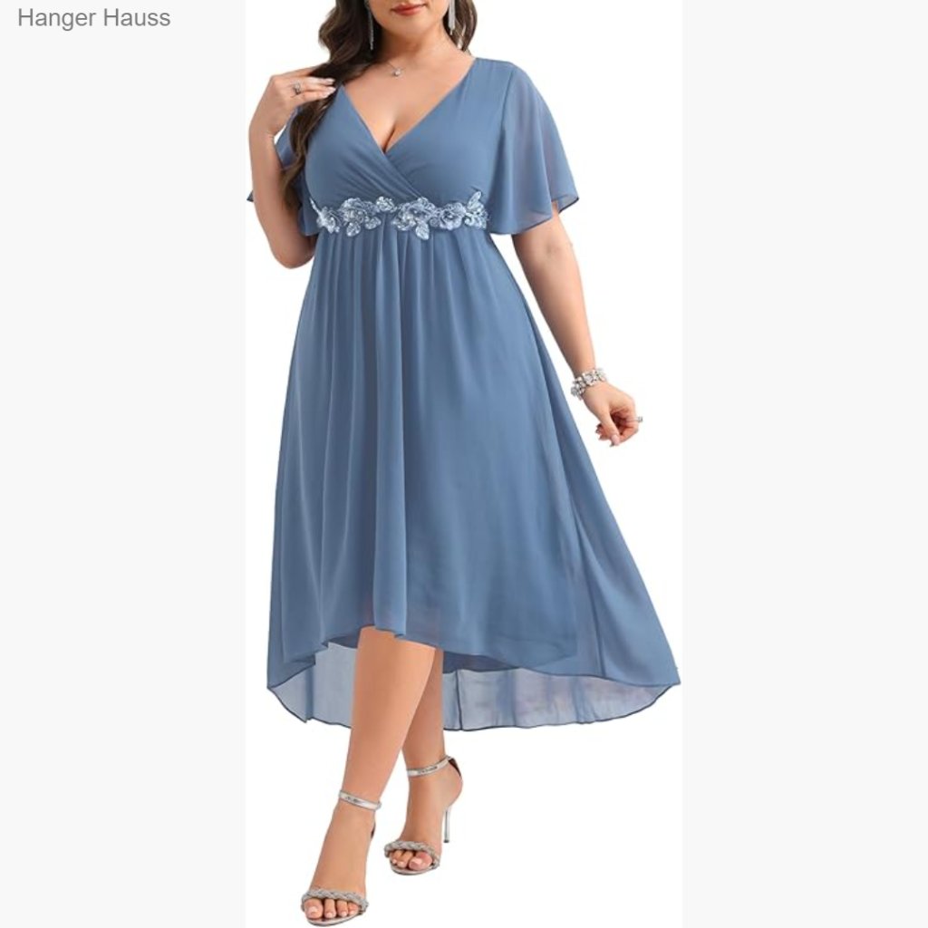 Plus Size Formal Chiffon Dress V Neck Short Sleeve High Low Hem Wedding Guest